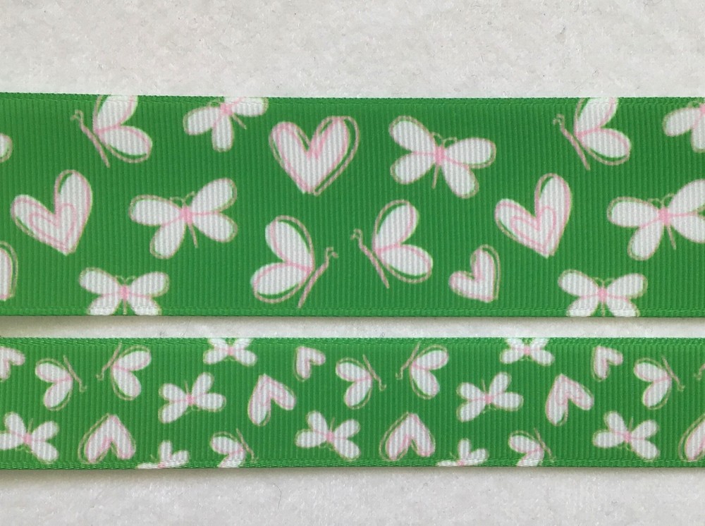 Green White butterflies Hearts Grosgrain ribbon 5/8