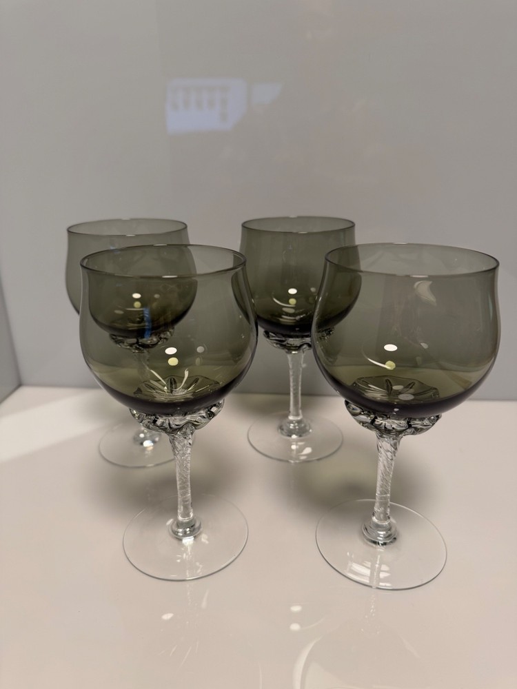 Set of 4 Sasaki Coronation Smoke Crystal Twist Stem Water/Wine Goblets Glasses