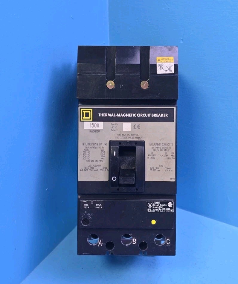 Square D KA36150 150A 600V ILine 3Pole Thermal Magnetic Circuit Breaker
