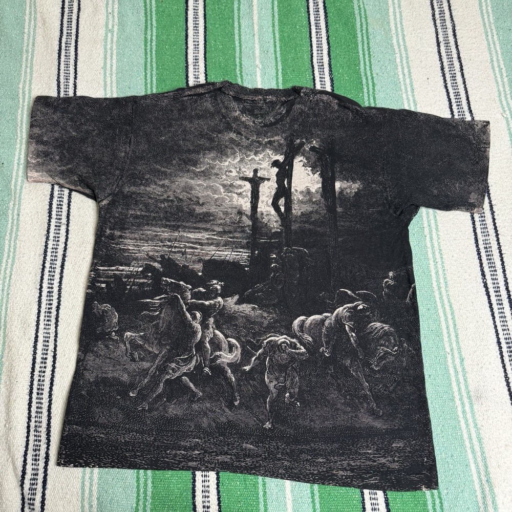 Vintage Gustave Dore Jesus Christ Crucifixation All Over Print T Shirt  X Large