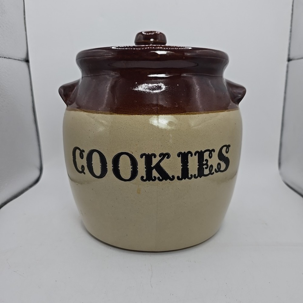 VTG Monmouth Illinois Maple Leaf USA Crock Cookie Jar Stoneware Brown Farmhouse
