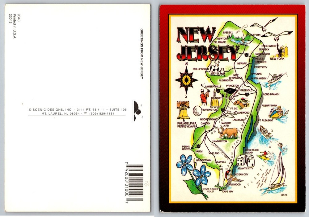 Vintage Greetings From New Jersey Illustrated State Map Postcard