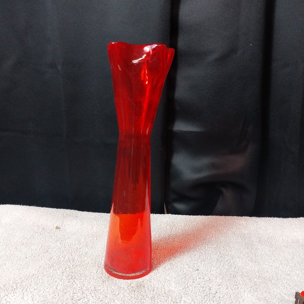 Vintage Ruby Red/ orange Hand blown Ruffled  Glass Vase - 10 1/2 ”