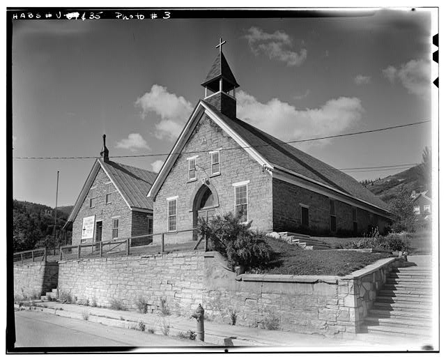 Photo:Stoneham ME 1910s St Marys Church stone Gothic Revival steeple