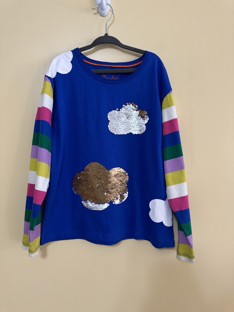 Mini Boden Long Sleeve Tee Flip-Sequin Clouds Rainbow Striped Sleeves Girls’ 8/9