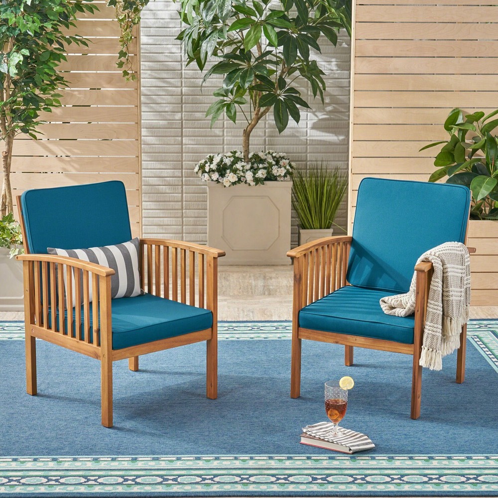Set of 2 Handcrafted Acacia Wood Club Chairs with Blue Cushions for Patio or Outdoor Furniture-image