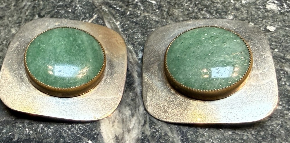 Vintage Huge 1980's Artisan Mixed Metal Brass, Silver Tone & Jade Clip Earrings