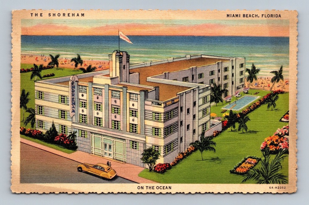 Vintage The Shoreham Miami Beach Florida Linen Postcard Ocean View