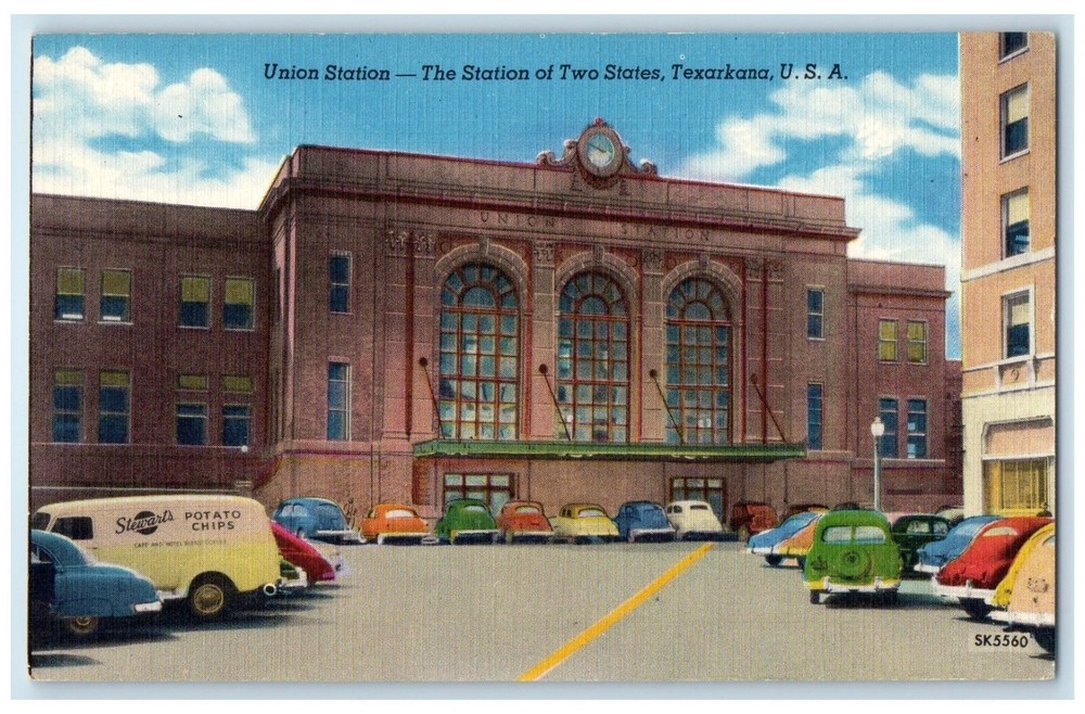 c1950's Union Station The Station Of Two States Texarkana USA Cars Postcard