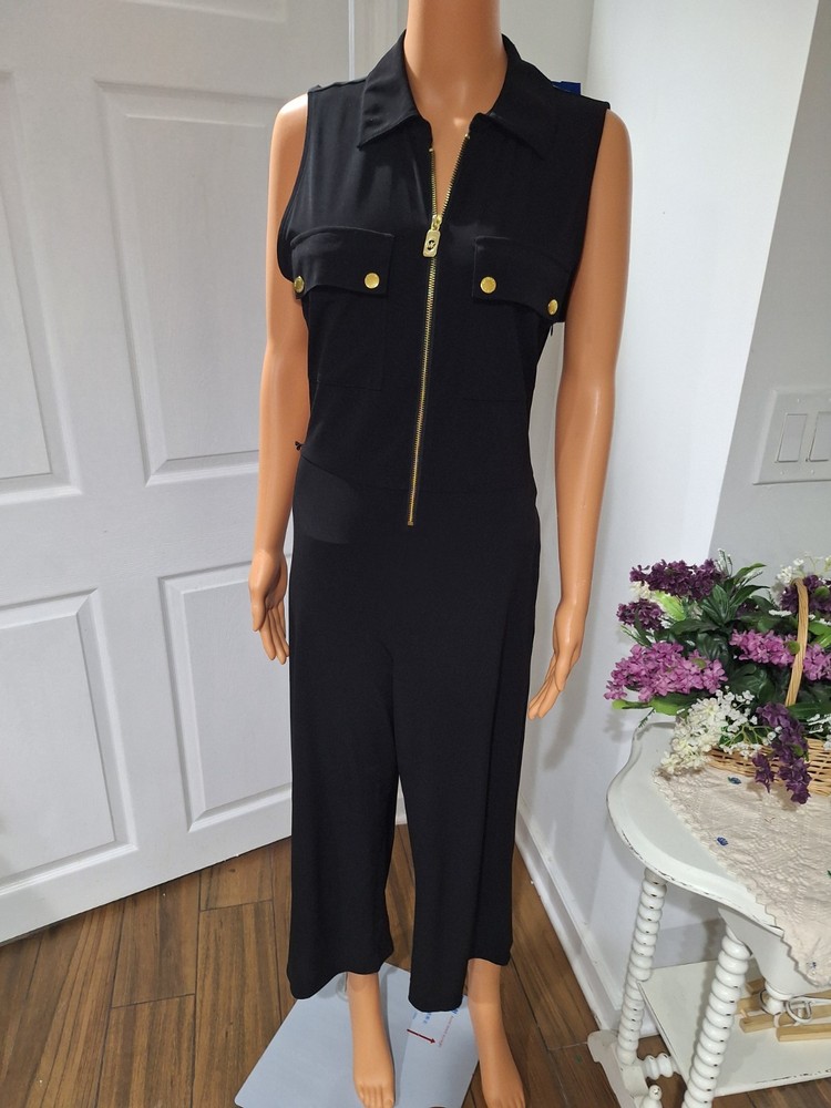 Michael Kors Womens Black Sleeveless Collared Front Zip One-Piece Jumpsuit Sz L
