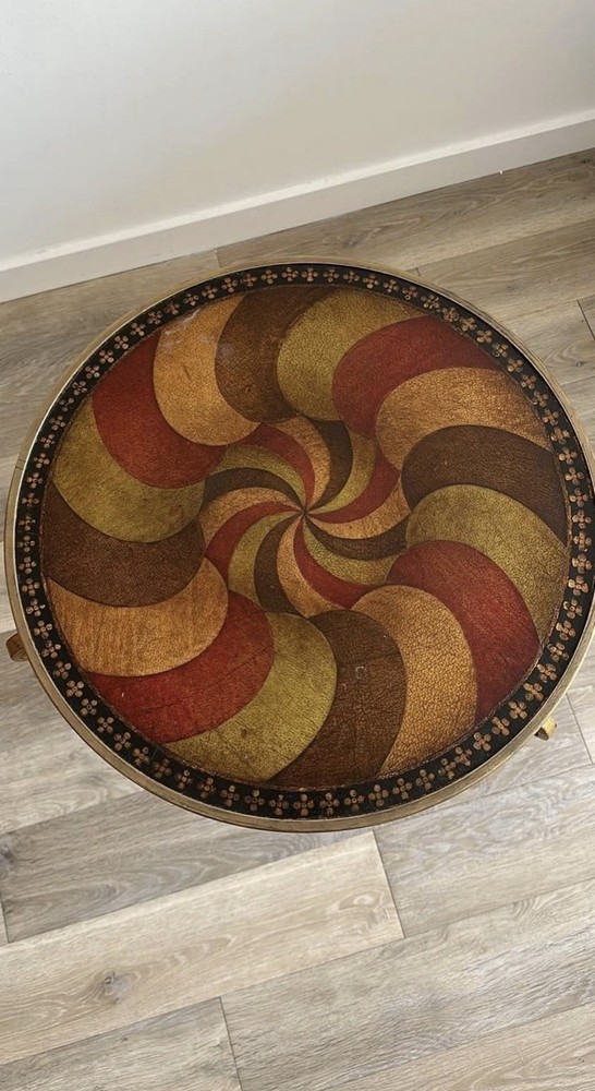 Theodore Alexander Art Deco Leather Parquetry Gilt Wrought Iron Accent Table
