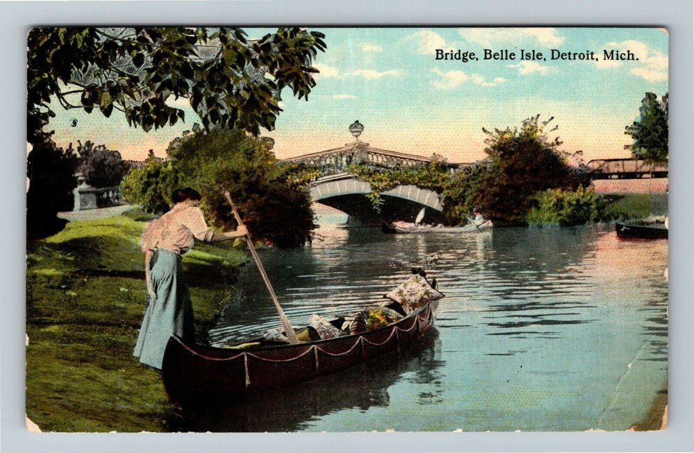 Detroit Belle Isle Bridge Canal Victorian Lady Canoe Vintage Postcard