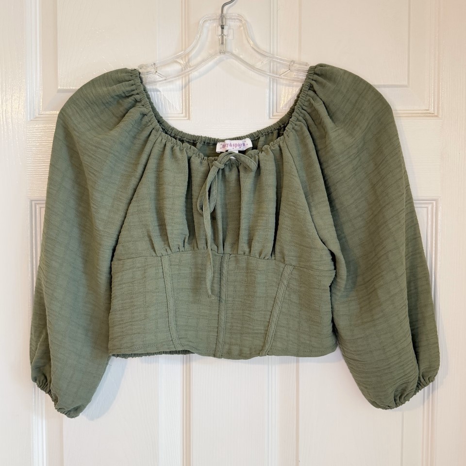 Honey & Sparkle Womens Green Puff Sleeve Crop Top Boho Cottagecore Peasant Large