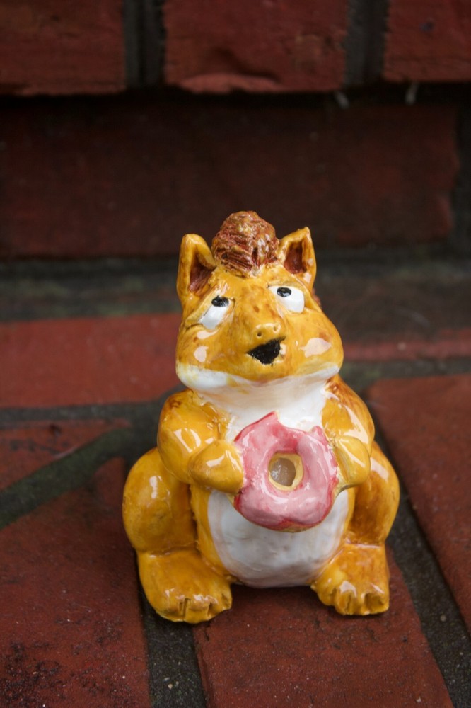 Handcrafted Clay Squirrel Eating a Colorful Donut