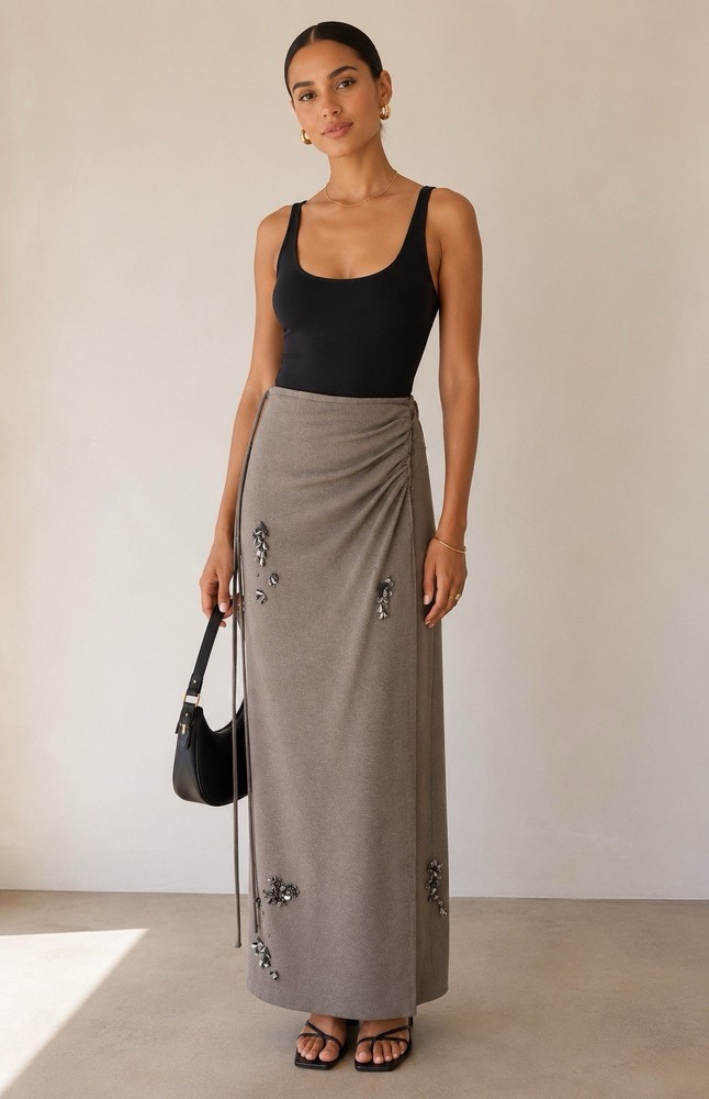 NWT Commense Wool Blend Embellished Wrap Maxi Skirt Small Taupe Minimalist