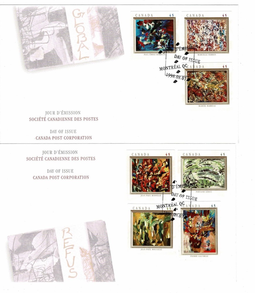 CANADA 1998 50TH ANN REFUS GLOBAL SET OF 7 ON 2 x OFFICIAL FIRST DAY COVERS ART