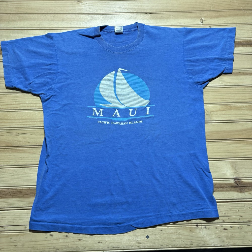 Vintage 80s Maui Hawaiian Islands Sailboat Waves Tropical Beach Shirt Size XL