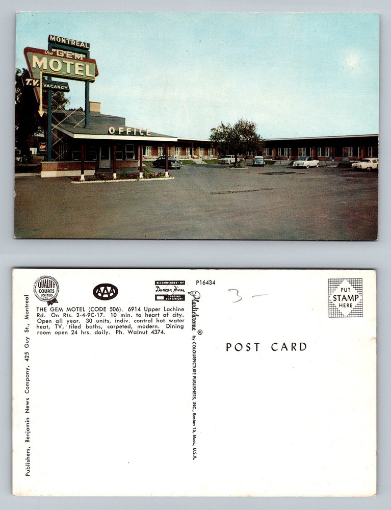 Montreal, QC-Quebec, Canada The Gem Motel Upper Lachine Rd Vintage Postcard