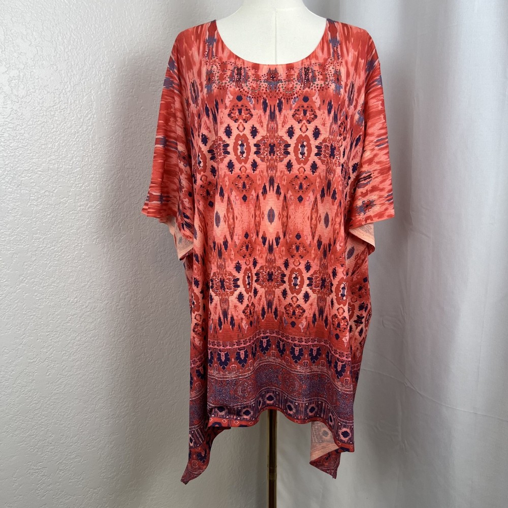 Catherines Womens 3X Coral Rhinestone Stretch Boho Resort Vacation Top