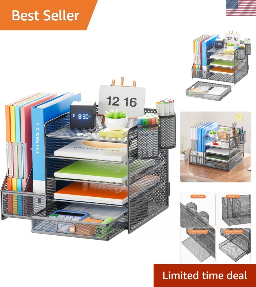 5-Tier Modern Office Organizer with Drawer and Dual Magazine Holders