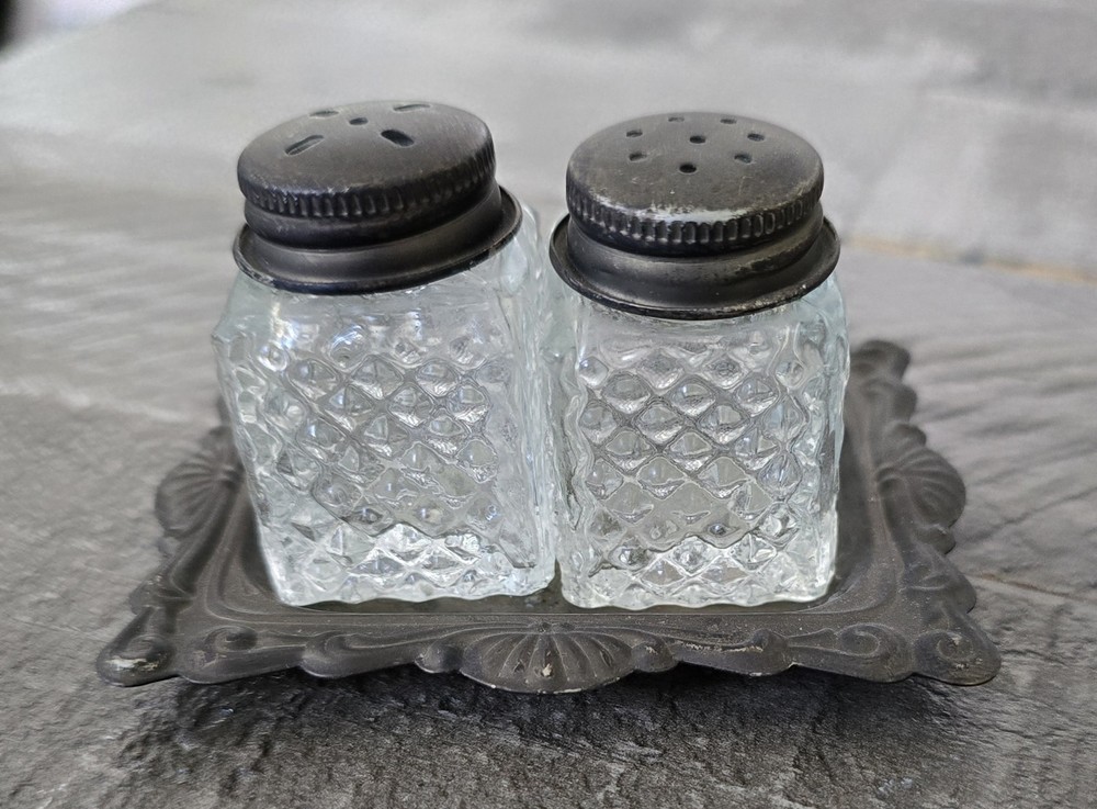 Vintage Miniature Square Glass Salt and Pepper Shakers Silver Plated Tray
