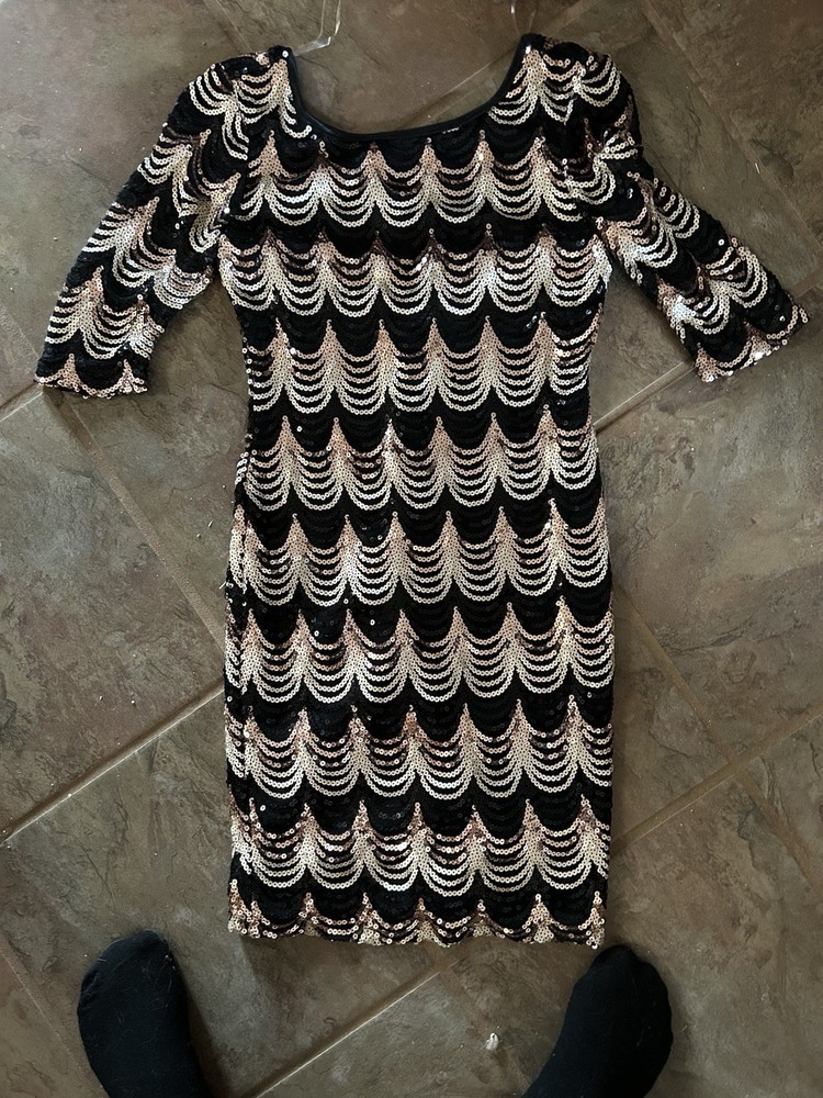 Crystal Doll Gold and Black Sequin Mini Dress Size Large Juniors Prom Party