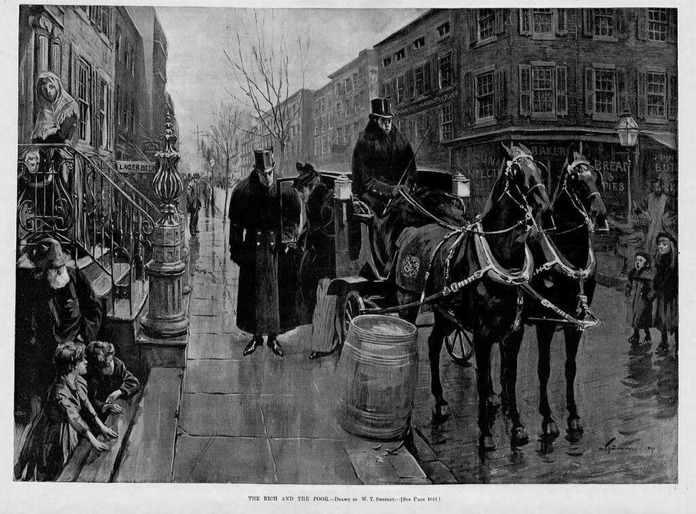 HORSE DRAWN CARRIAGE TWO IN HAND LANTERNS CITY ARCHITECTURE THE RICH AND POOR