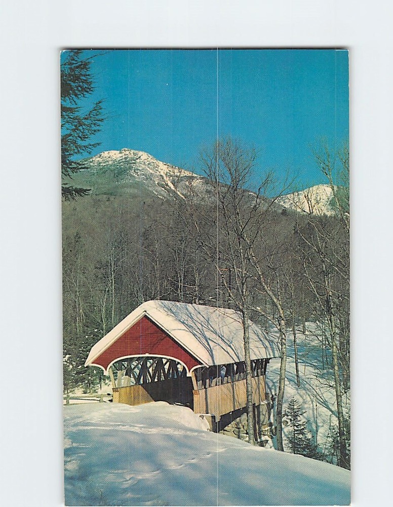 Postcard Flume Covered Bridge & Mt. Liberty Franconia Notch New Hampshire USA