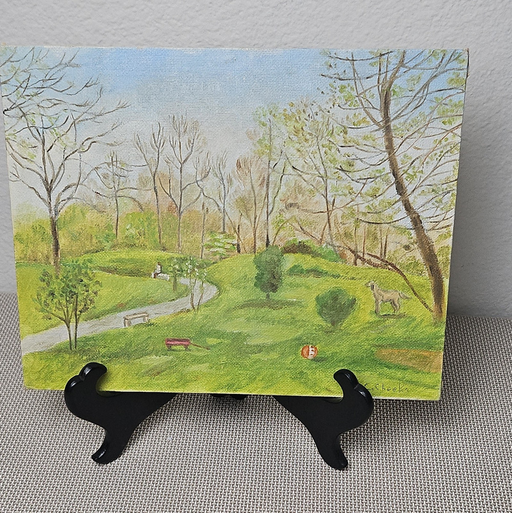 Original Oil Painting Landscape Painting Signed Park Scene Path Dog Folk Art