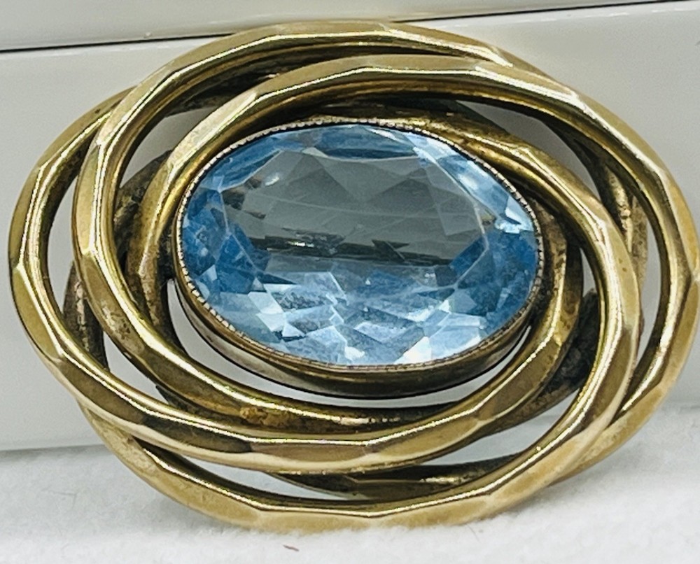 Edwardian Style Gold Filled Aquamarine Paste Interlocking Love Knot Oval Brooch