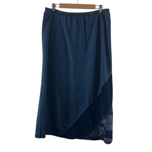 Marsha Sport Women's Blue Denim Midi Skirt Cotton Elastic Velvet Floral Trim L