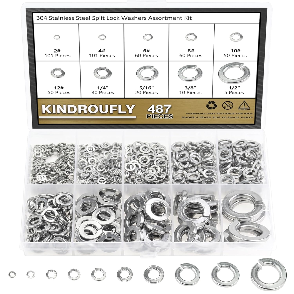 487 Pieces 304 Stainless Steel Lock Washers, Split Lock Washers,  10 Sizes Sprin