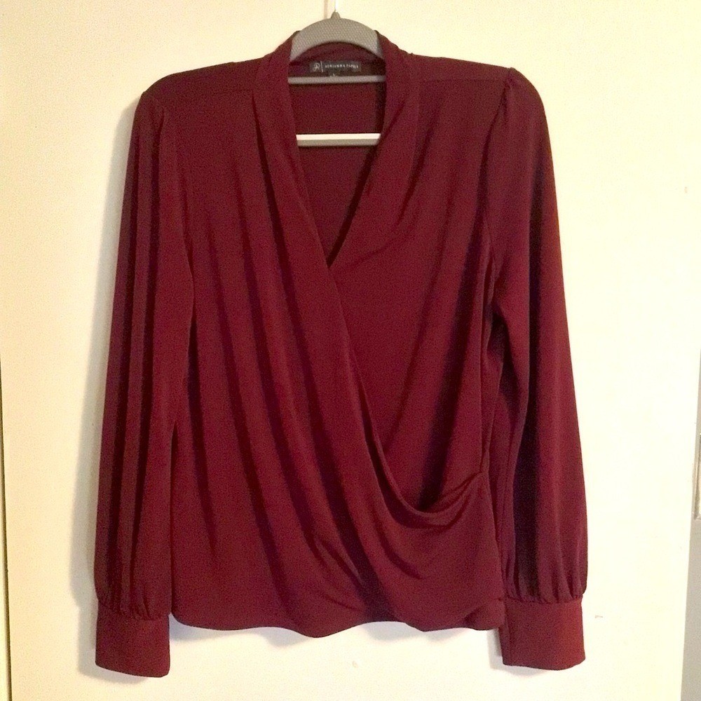 Adrianna papell women's faux wrap office career burgundy blouse top size large