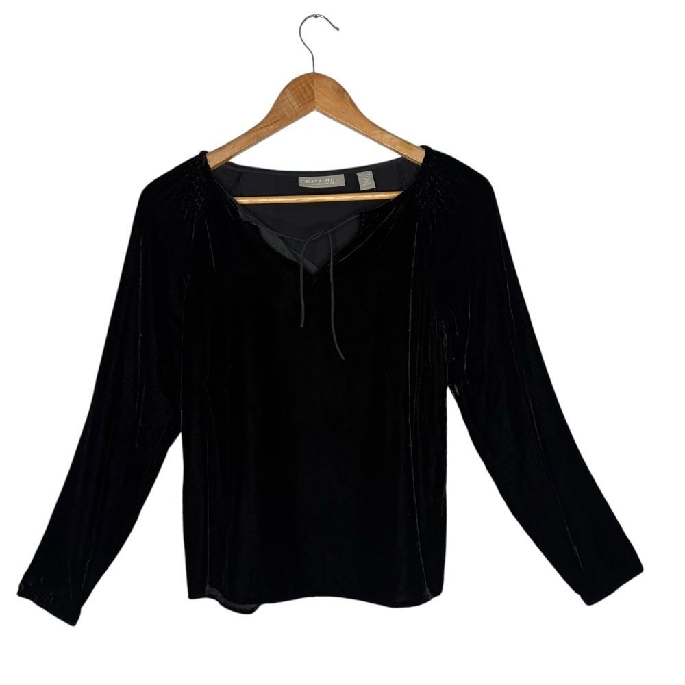 Kate Hill Black Velvet Long Sleeve Top  Minimalist Tie Neck Size 2 P Silk Blend