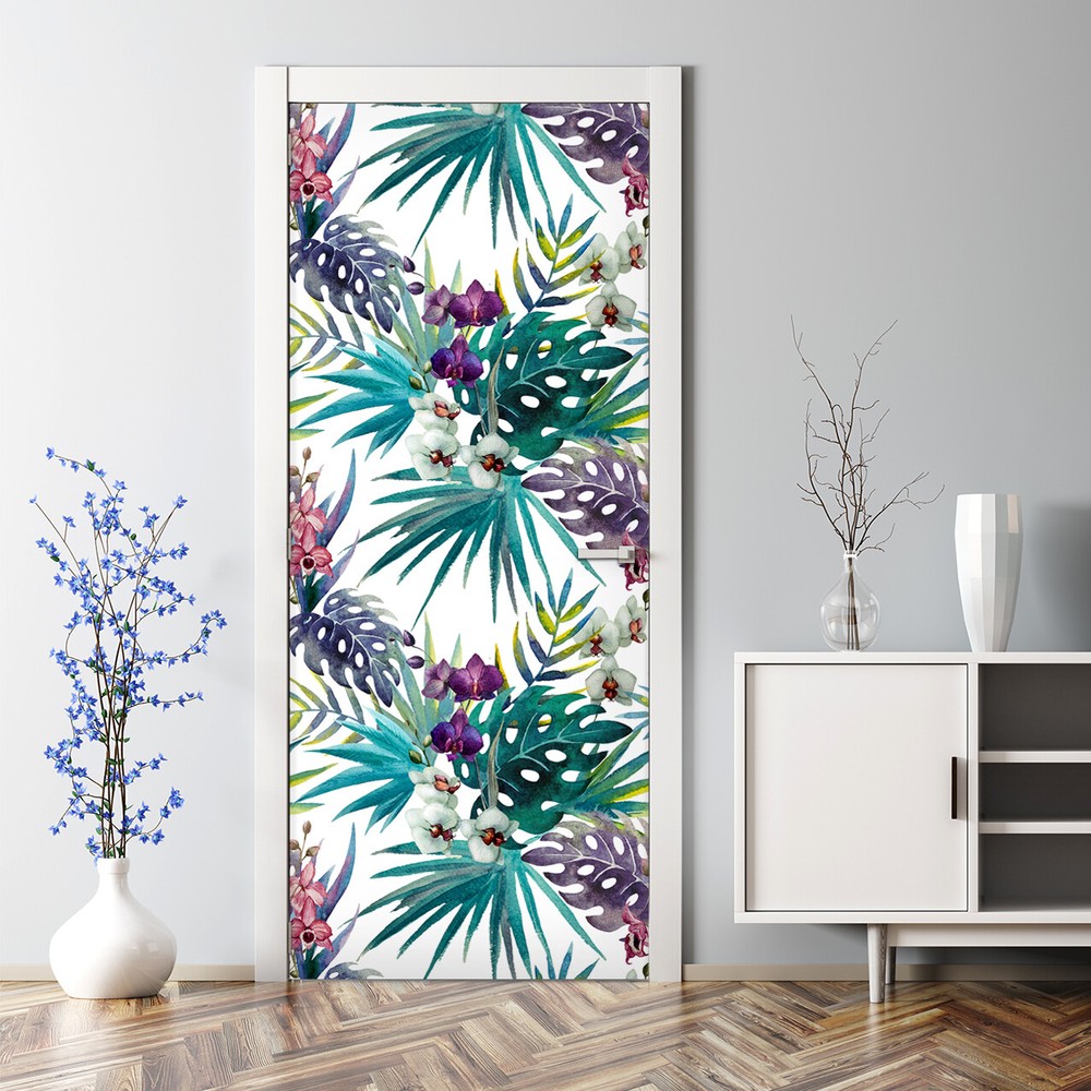 Orchid hibiscus bubble-free door decal in green and purple