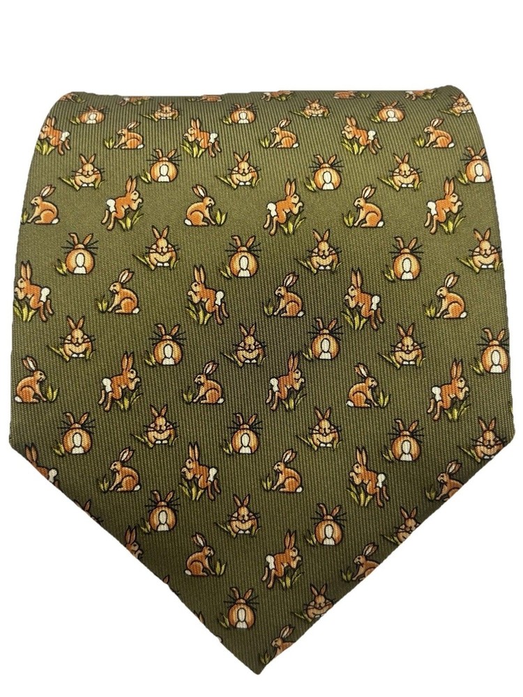Salvatore Ferragamo Silk Tie Made In Italy Green White Rabbit Bunny Animal