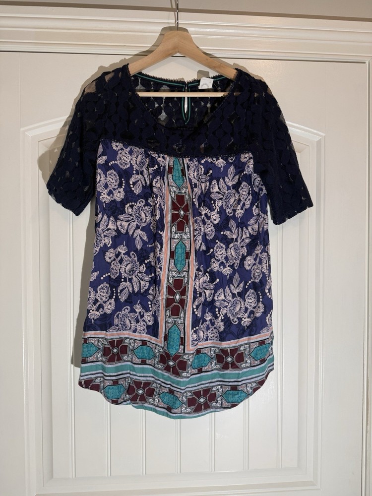 Anthropologie Akemi + Kin Women’s Medium Tunic Top Floral Geometric Lace Boho