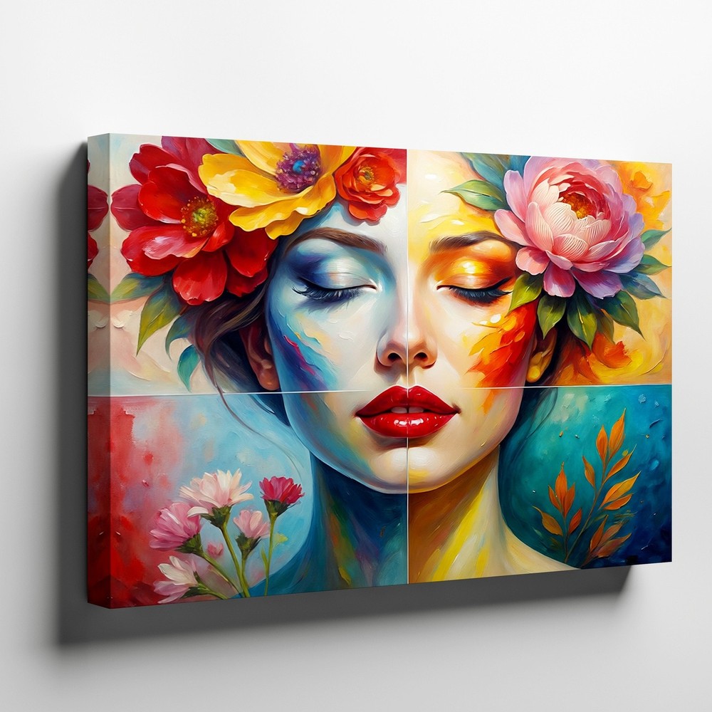 Colorful abstract female face with floral crown canvas wall art modern decor-image