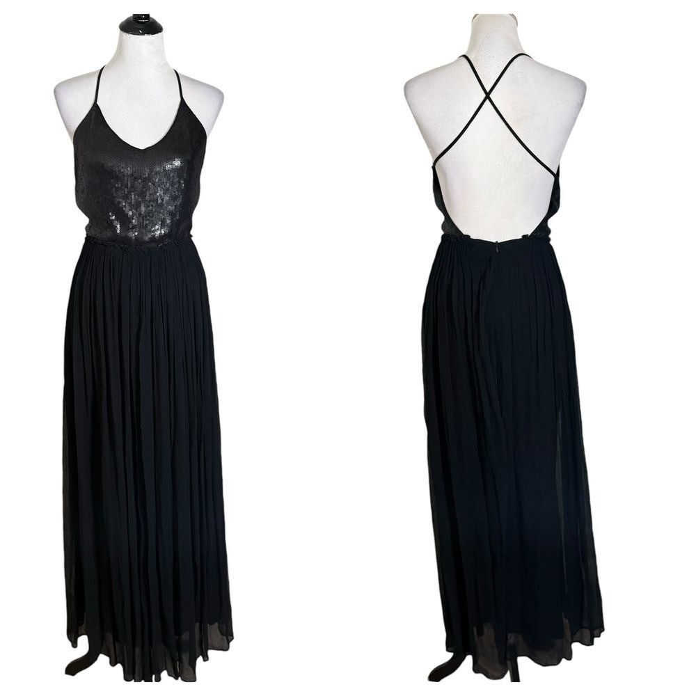 Chan Luu Long Black Sequin Chiffon Dress Size XS Open Back Whimsigoth Formal