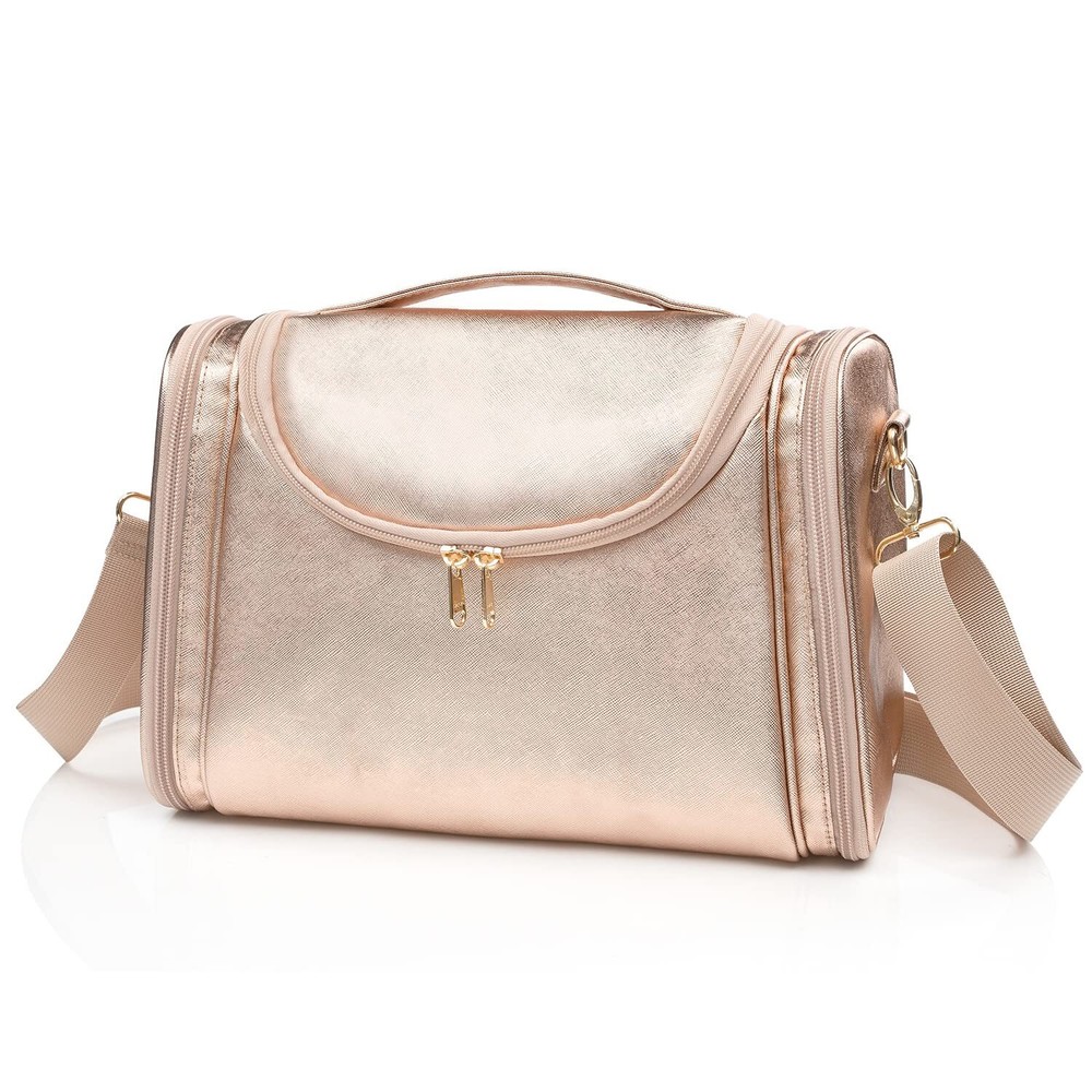 Rose Gold Large Travel Makeup Bag with Shoulder Strap Toiletry Organizer