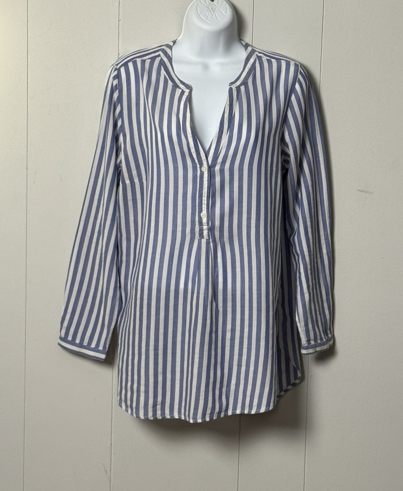 Old Navy Blue and White Striped Long Sleeve V Neck Two Button Top Size M