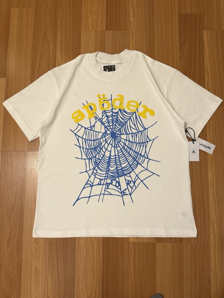 sp5der Men's White Crew Neck Short Sleeve Spiderweb Logo Graphic T-Shirt S