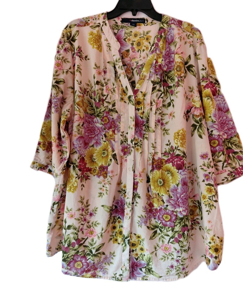 Denim 24/7 Women's Top Blouse 3/4 Sleeve pink  Floral Pintuck Plus Size 24W .