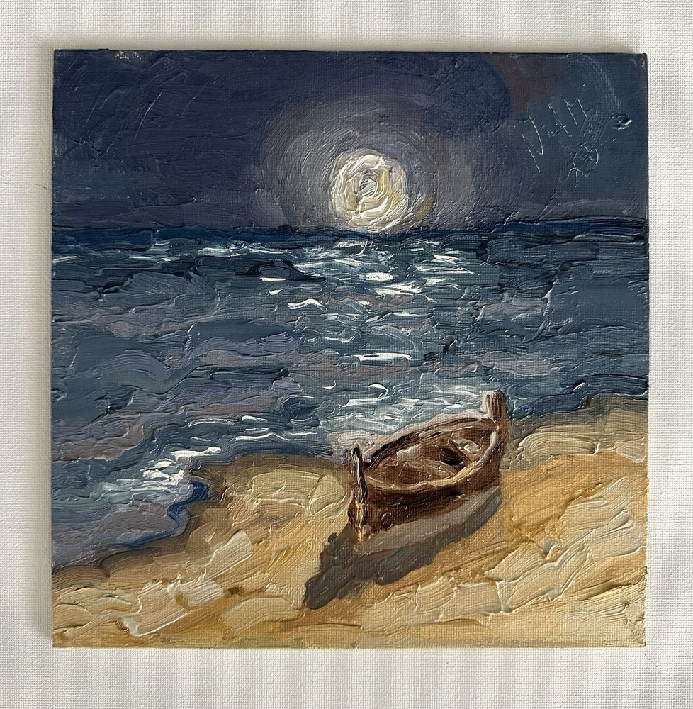 Boat Moonlight Beach Original Impressionist Oil Painting Seascape Art