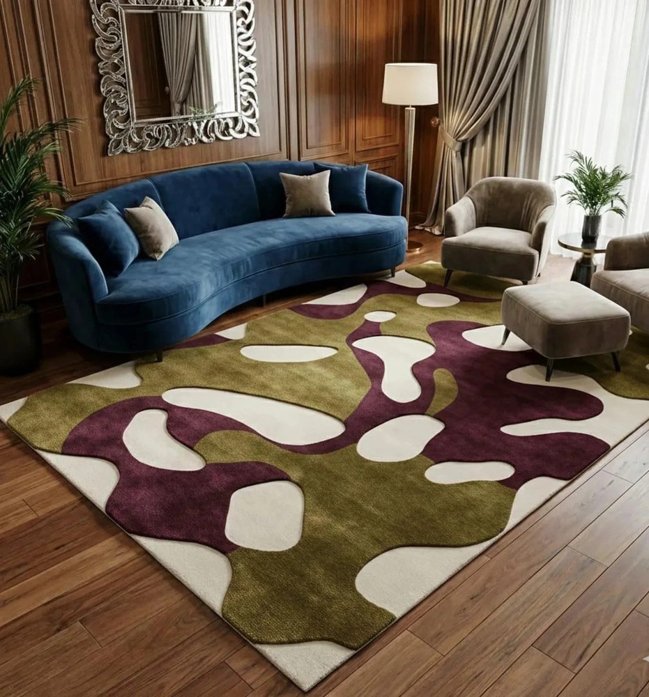 Modern Hand Tufted Abstract Rug Plum Olive Green Wool Area Carpet Organic Shape