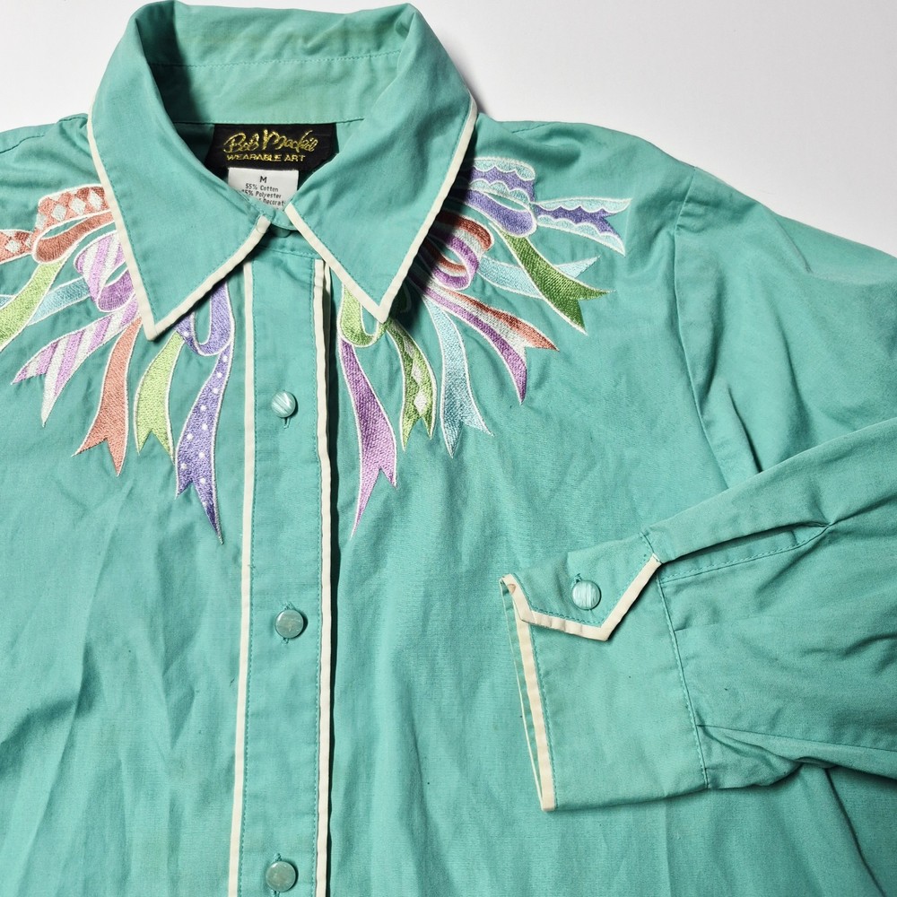 Vtg Bob Mackie Wearable Art Shirt M Teal Embroidered Ribbon Bow Button Up Blouse