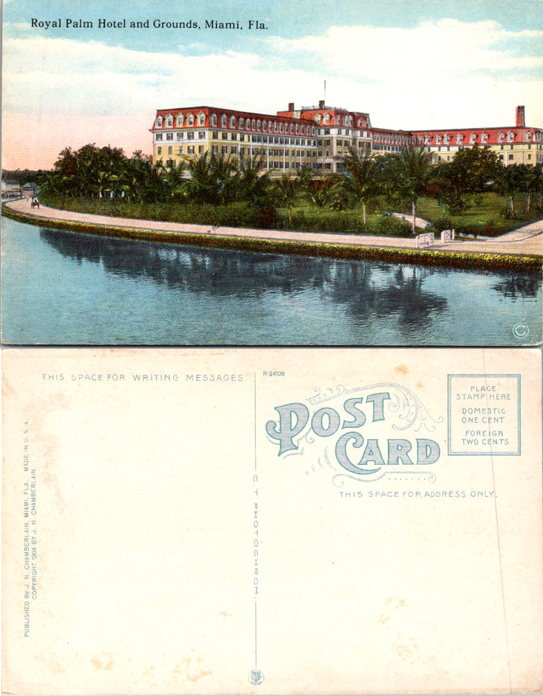 Vintage Postcard Royal Palm Hotel Miami Florida FL Waterfront View Landscape