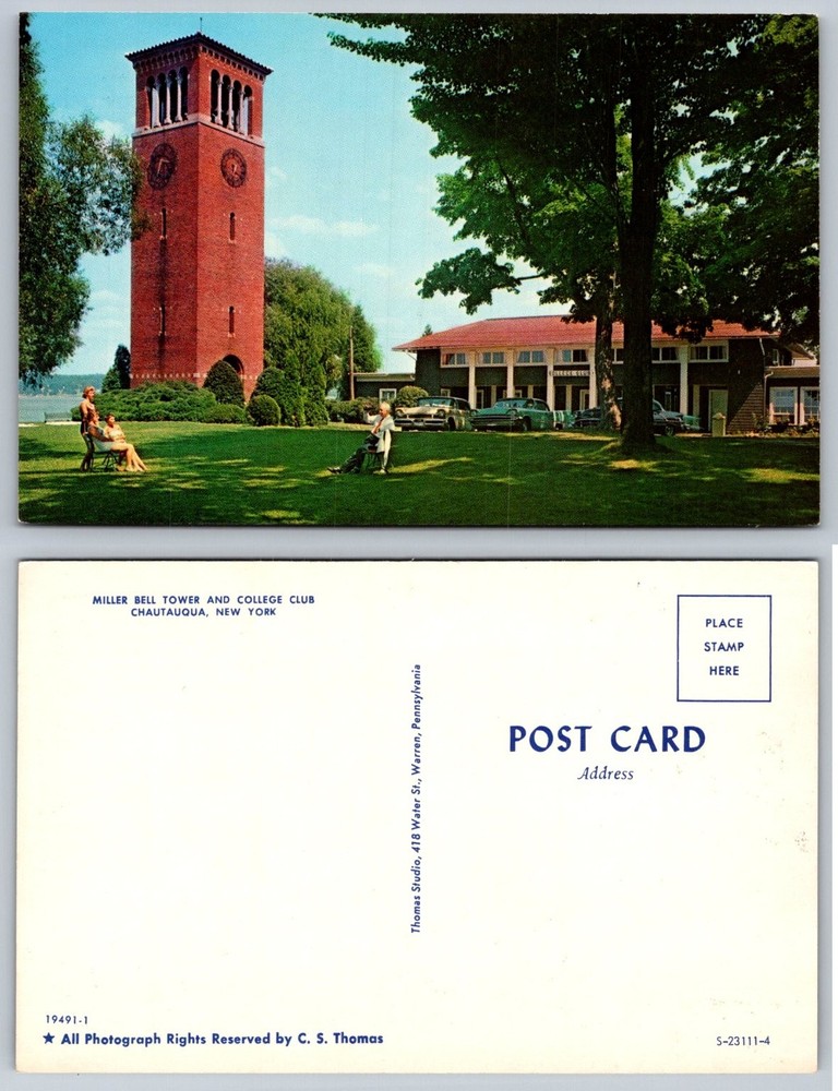 Chautauqua NY Miller Bell Tower College Club Vintage Chrome Postcard