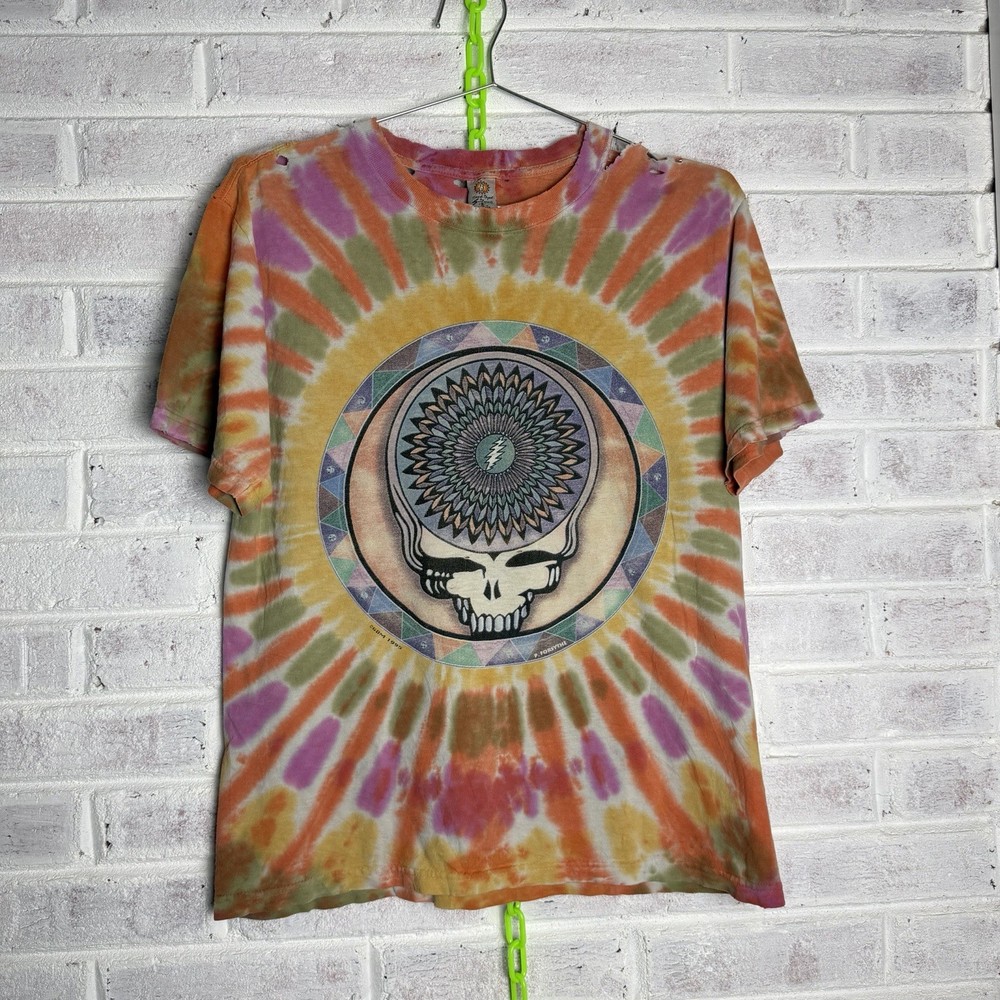 Vintage 90s Grateful Dead Tie-Dye Steal Your Face Skull T-Shirt Faded Thrashed