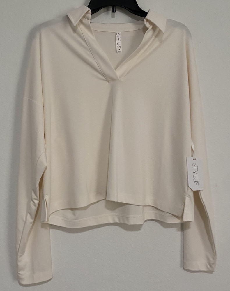 Stylus Women's Cream Solid Collared Long Sleeve Pullover Blouse Size M